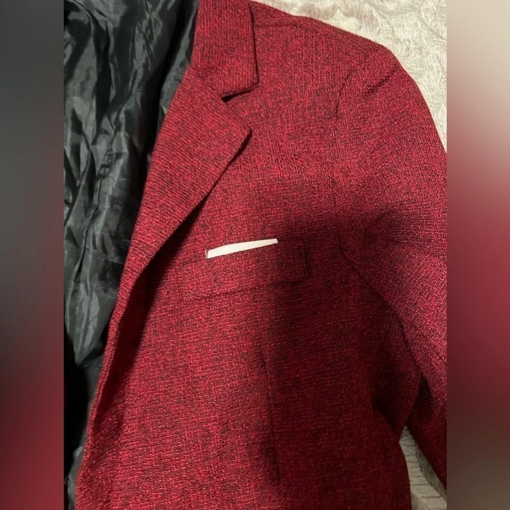 Women's Tweed Herringbone Blazer Jacket - Wine Red Classic Vintage, Size L